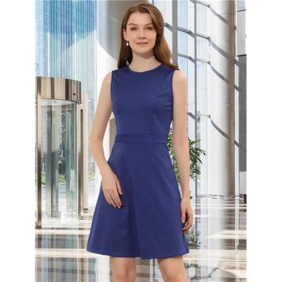 Women's Plaid Dress Sleeveless A Line Navy Blue - Picture 2 of 5